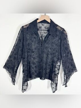 Vintage 90s Sheer Floral Glitter Bell Sleeve Top Size M Goth Fairy Whimsygoth